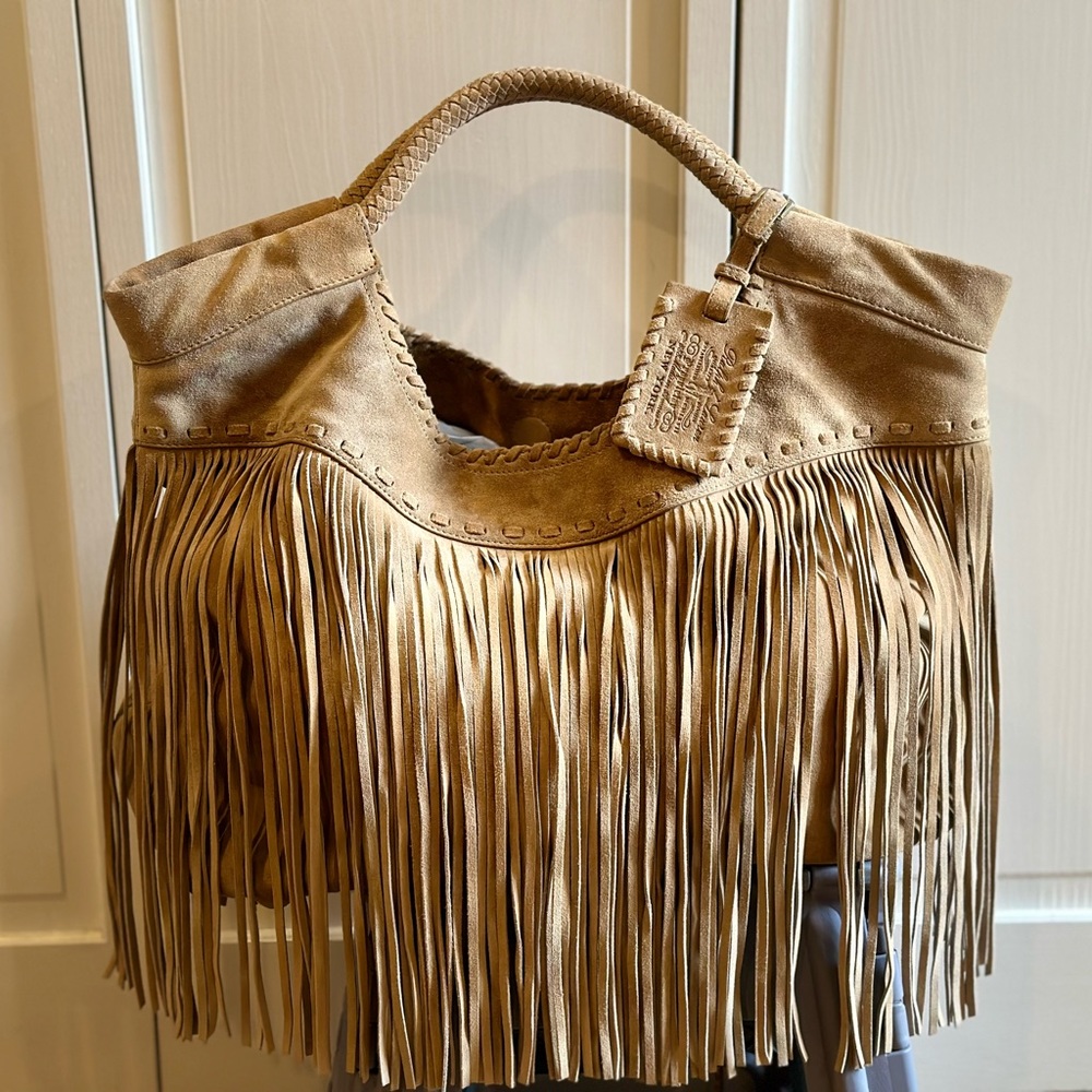 Ralph Lauren Collection oversized suede tan fringe maxi tote hobo bag